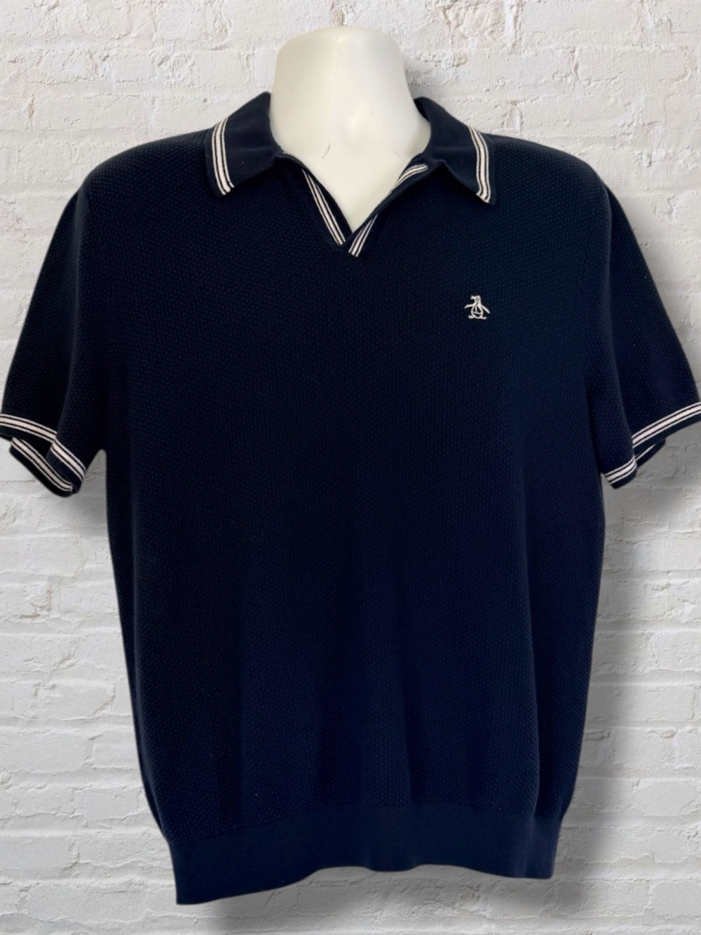 Original Penguin Polo Shirt Large Navy Blue Textured Knit Cotton Banded Hem Golf